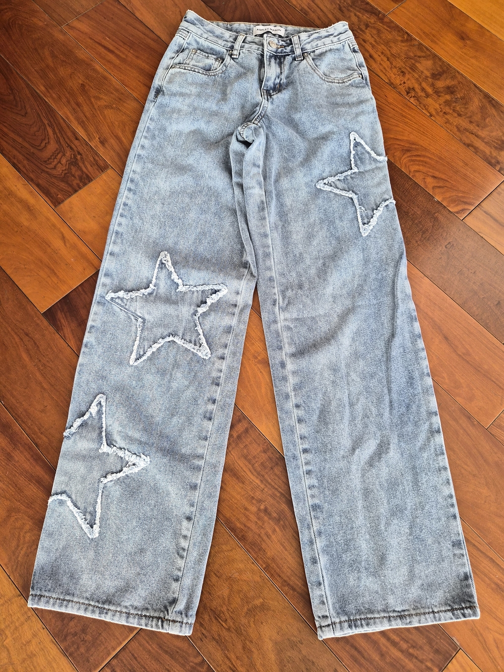 Ashley Mason Frayed Star Patch Wide Leg Jeans 00/23 - Picture 4 of 15
